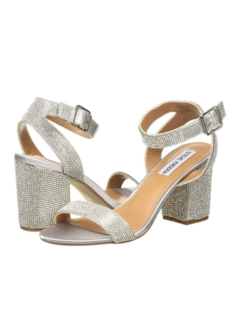 Steve Madden Malia Silver Rhinestone Block Heel Sandals